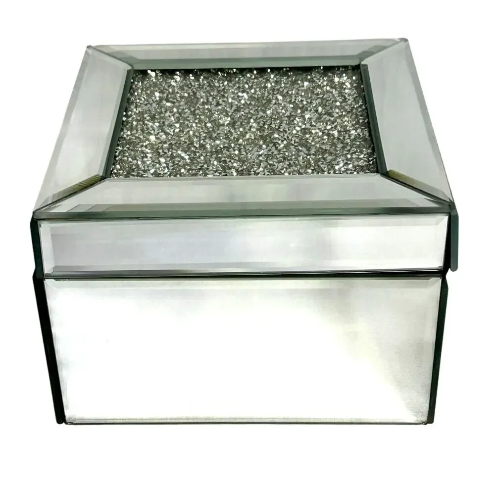 Mirrored Beveled Trinket Jewelry Box Sparkling Rhinestone Top-Velvet Lined